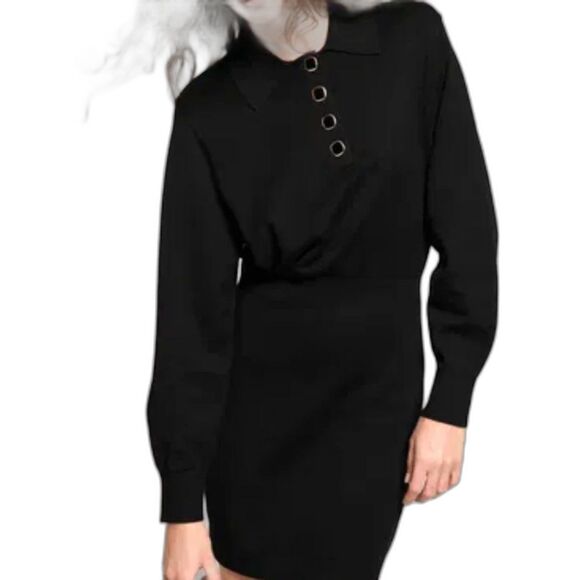 & Other Stories Dress Black Knit Collar Blouson Mini Size Large - Picture 1 of 6